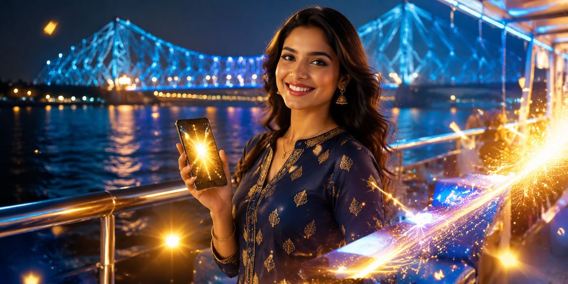 Mobile player enjoying Teen Patti game in Kolkata with cultural attire